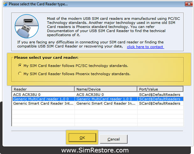 Select your card reader type Select your card reader type